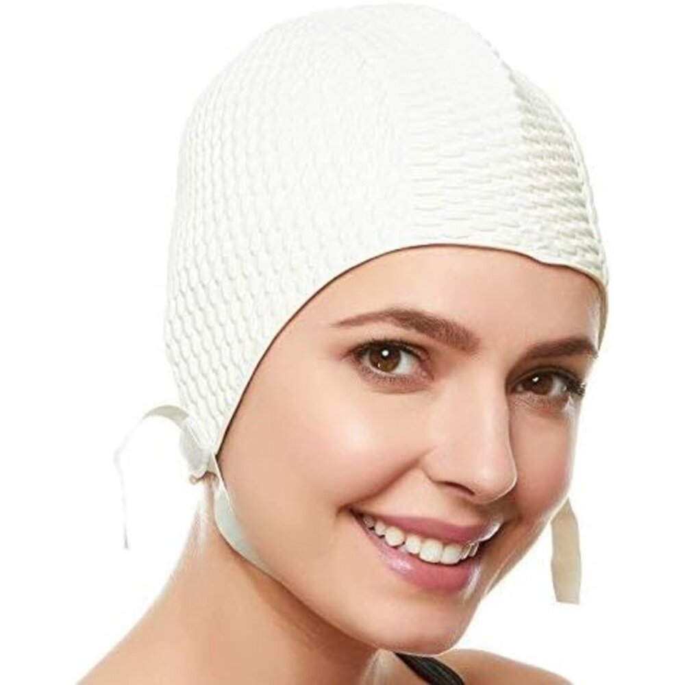 Beemo Swim Cap Women Chin Strap Bubble Crepe Latex Long Short Hair - White